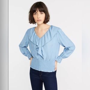 Ann Taylor Blue Ruffle Smocked Hem Top Blouse size M